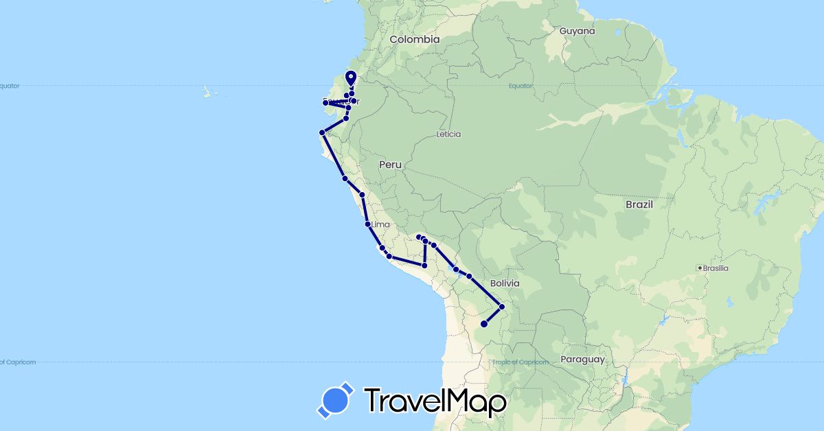 TravelMap itinerary: driving in Bolivia, Ecuador, Peru (South America)